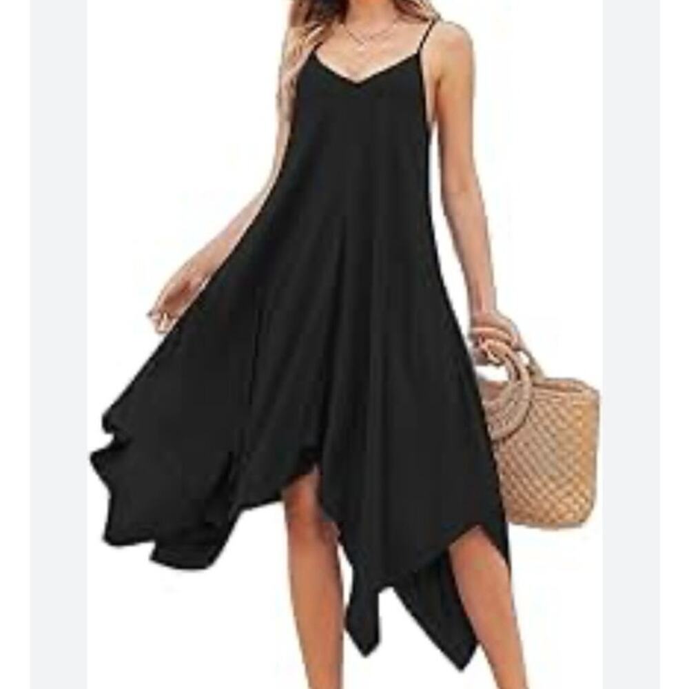 BOHOME Black Asymmetrical Handkerchief Hem V Neck Black Midi Dress Size Large